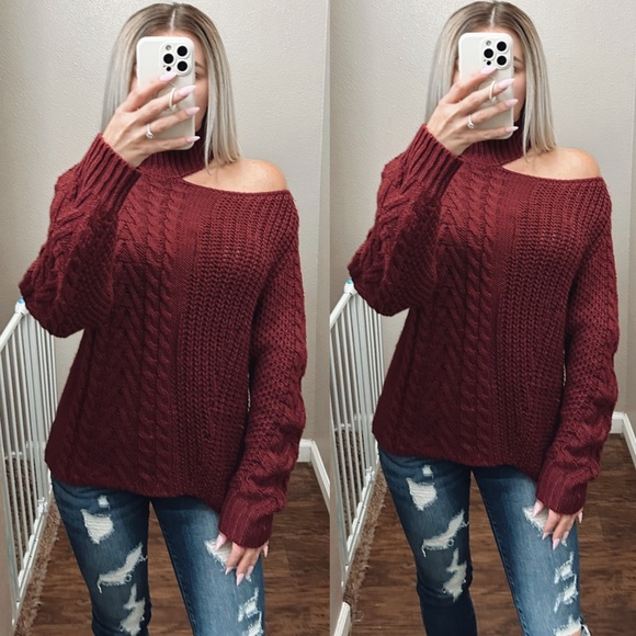 Peach Love California | Burgundy knit off the shoulder sweater relaxed fit small - Picture 1 of 7